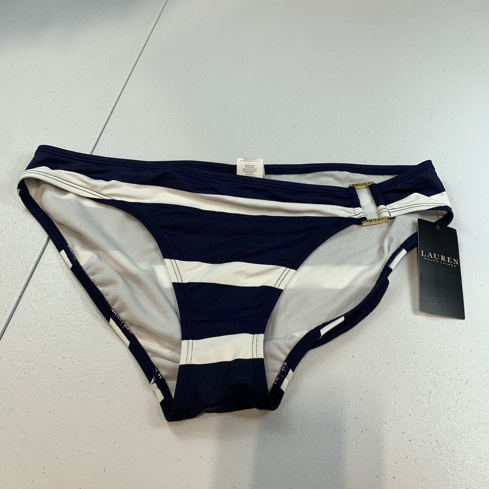 Lauren Ralph Lauren Women's Swim Bikini Bottoms 8 Striped Ring Hipsters Blue